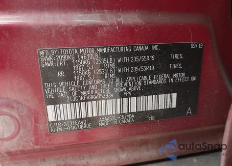 2019 Toyota Rav4 Xle Premium из США, поврежденный, VIN 2T3C1RFV8KW053934